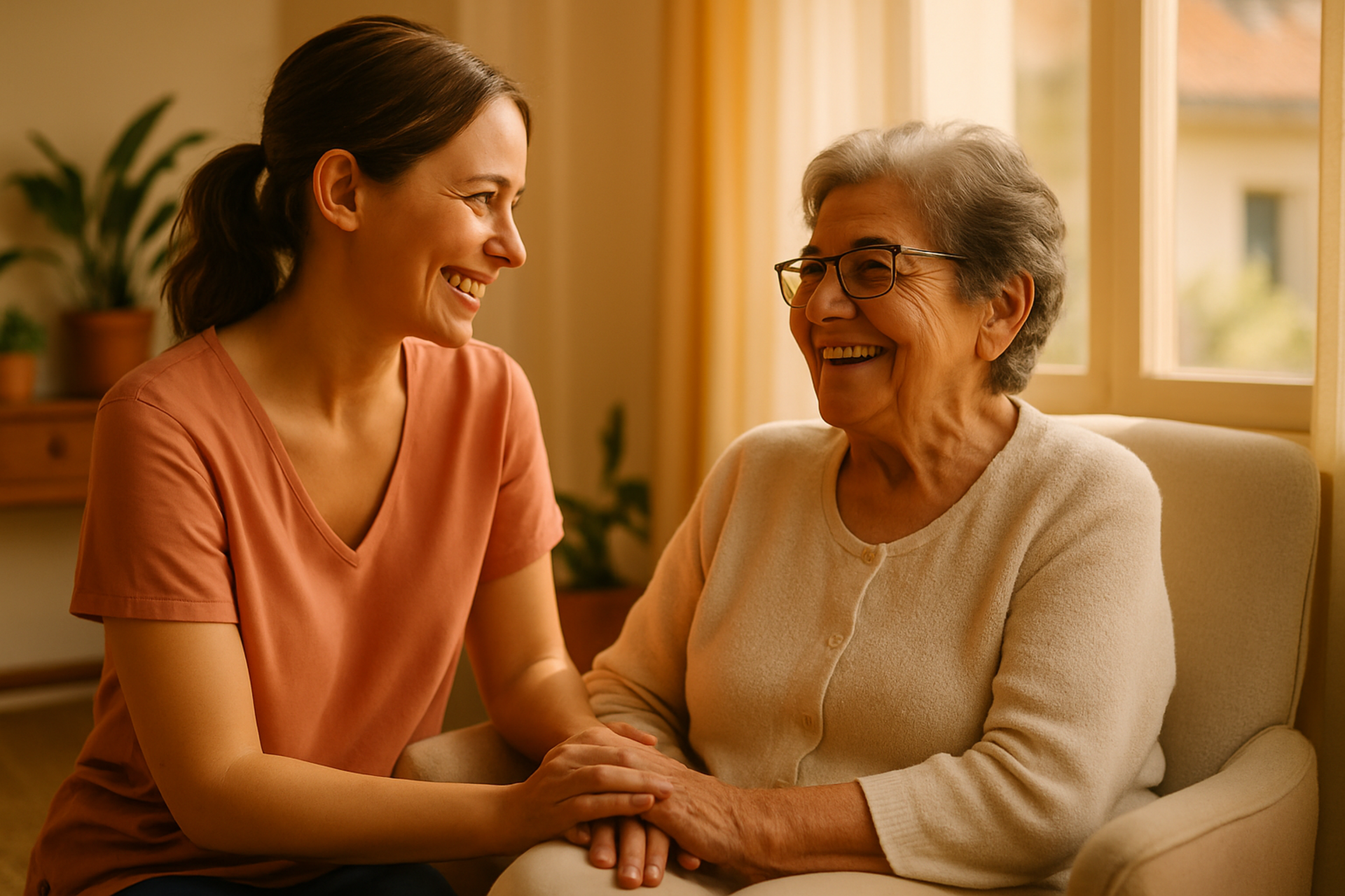 Cuidadora profesional sonriente ayudando a una persona mayor en su hogar - Servicios de cuidado QueridoHijo